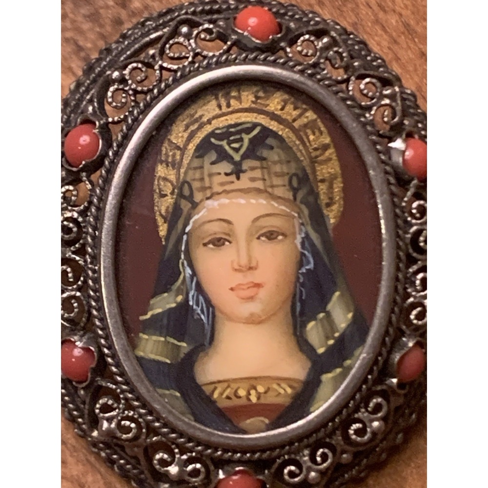 Antique 800 silver filigree Lady portrait coral pendant brooch Pin Hand painted - Picture 2 of 5